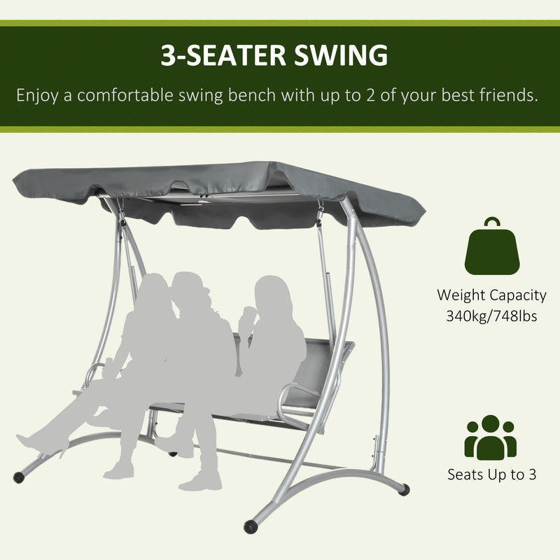 3 Seater Bench Steel Outdoor Patio Porch Swing Chair with Adjustable Canopy - Dark Grey