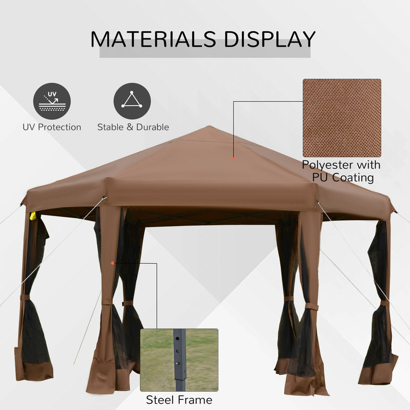 3.2m Pop Up Gazebo Hexagonal Canopy Tent Outdoor Sun Protection with Mesh Sidewalls, Handy Bag, Brown