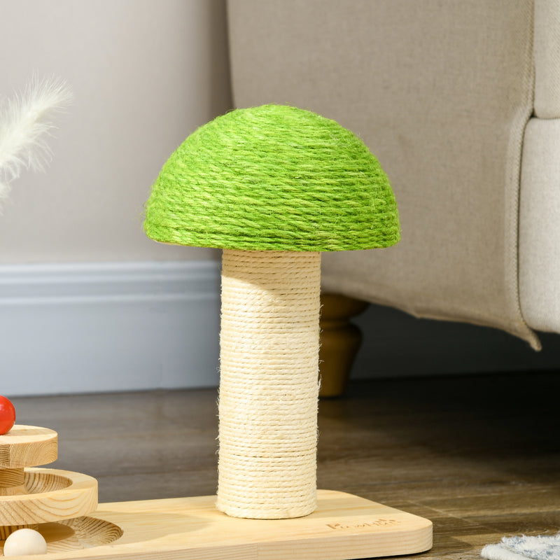 Mushroom-Shaped Cat Scratching Post, with Toy Balls, Feather for Indoor Cats, 35 x 21 x 26cm - Natural Tone