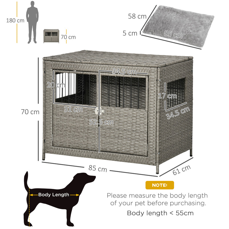 Wicker Dog Cage, Dog Crate with Double Doors and Soft Washable Cushion for Medium to Large Sized Dogs, 85 x 61 x 70 cm