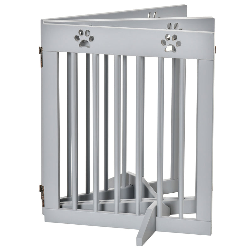 Pet Gate 4 Panel Wooden Dog Barrier Freestanding Folding Safety Fence with Support Feet up to 204cm Long 61cm Tall Light Grey
