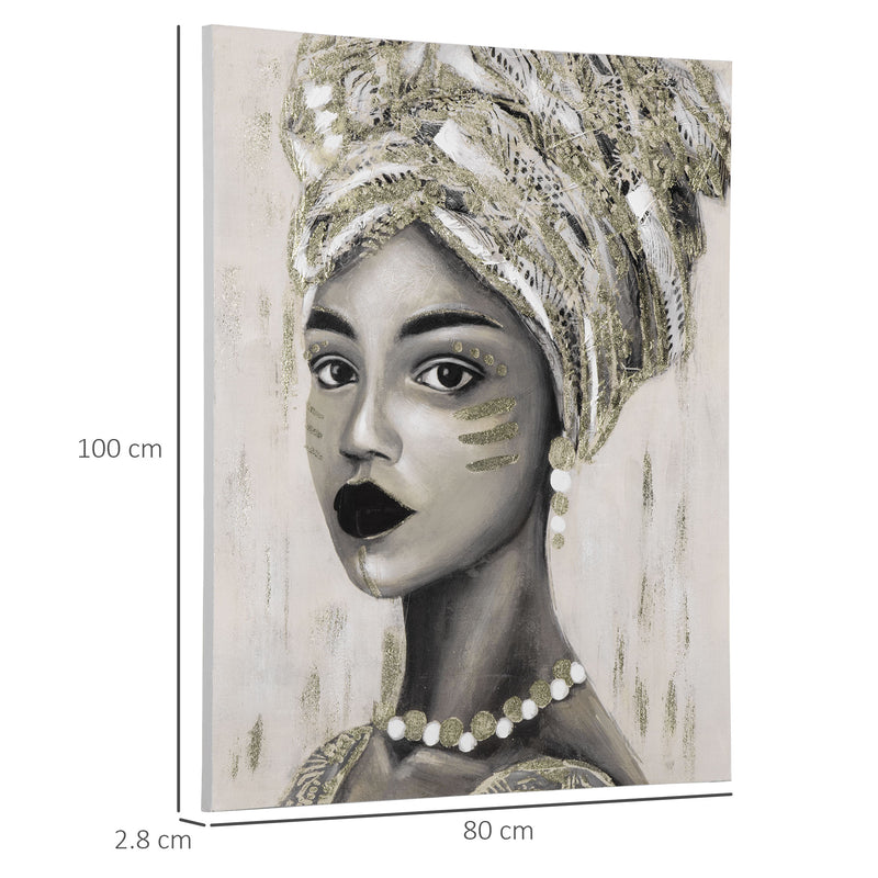 Hand-Painted Canvas Wall Art Gold African Woman, Wall Pictures for Living Room Bedroom Decor, 100 x 80 cm