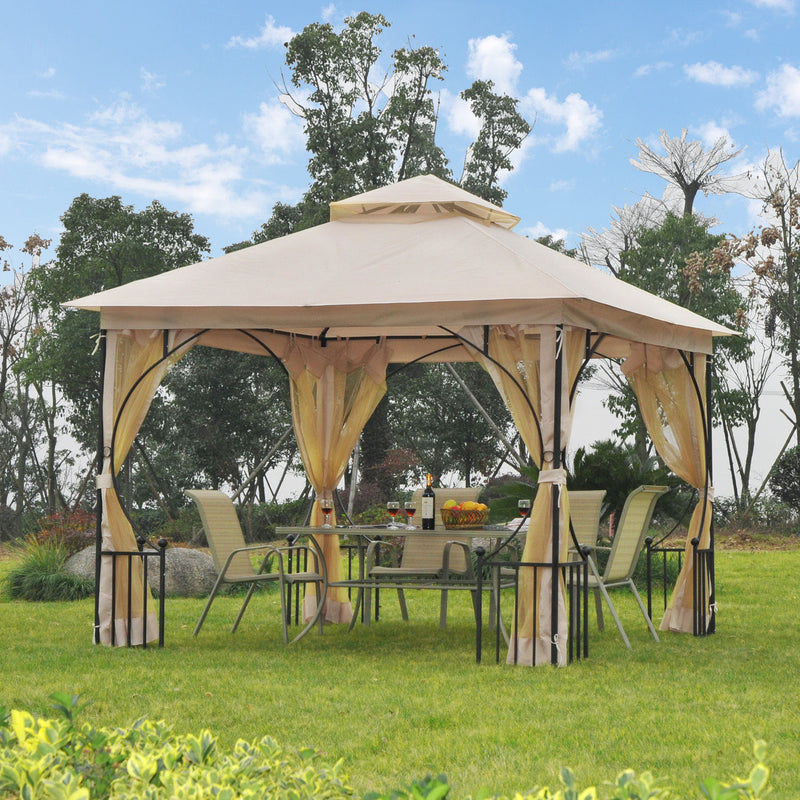 3 x 3 M Garden Gazebo Patio Party Tent Shelter Outdoor Canopy Double Tier Sun Shade Metal Frame Beige