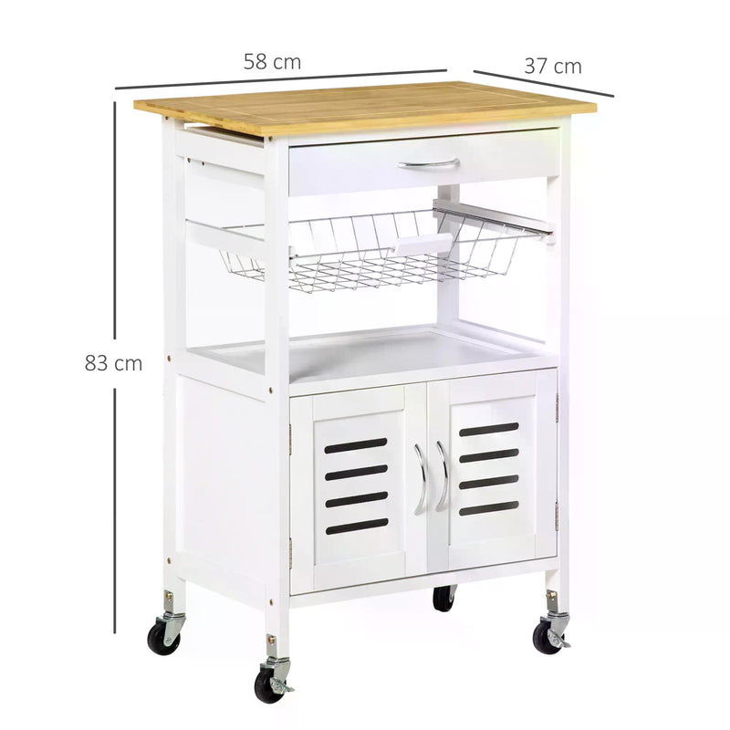 Rolling Kitchen Island Trolley Utility Cart on Wheels with Bamboo Table Top, Storage Cabinet, Drawer and Wire Basket - White