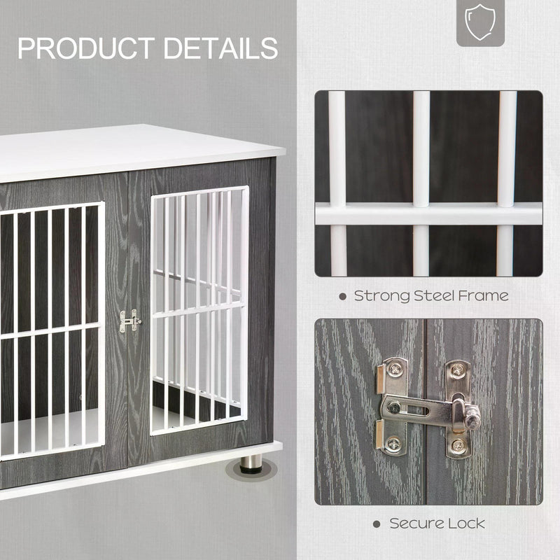 Dog Crate, Wooden Pet Kennel Cage with Lockable Door and Adjustable Foot Pads, Modern Design, Grey and White