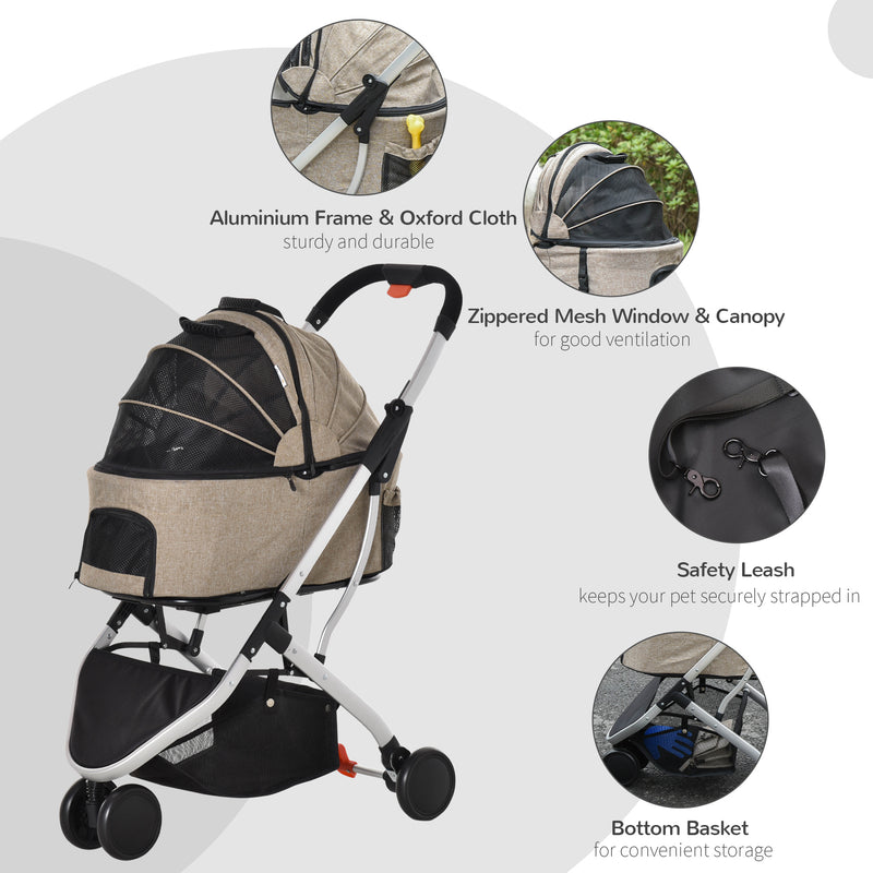 Pet Stroller Detachable Dog Pushchair 2-In-1 Foldable Cat Travel Carriage w/ Carrying Bag for XS Pets, Light Brown