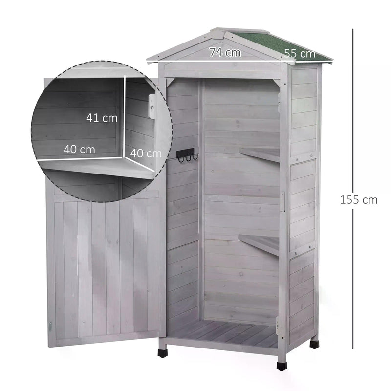 Wooden Garden Cabinet 3-Tier Storage Shed 2 Shelves Lockable Organizer with Hooks Foot Pad 74 x 55 x 155cm Light Grey