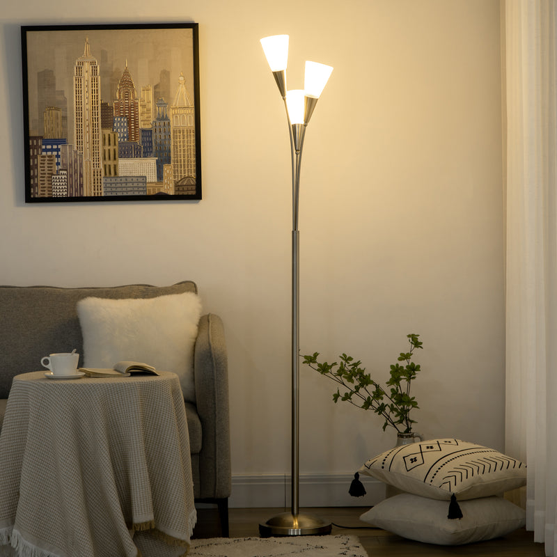 3-Light Upright Floor Lamps for Living Room, Modern Standing Lamp for Bedroom with Steel Base, (Bulb not Included), Silver