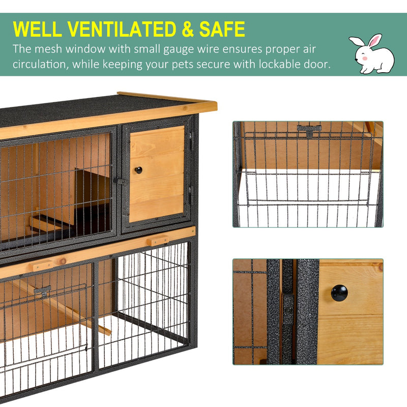 Wood-metal Guinea Pigs Hutches Elevated Pet House Bunny Cage with Slide-Out Tray Asphalt Openable Roof Lockable Door Outdoor