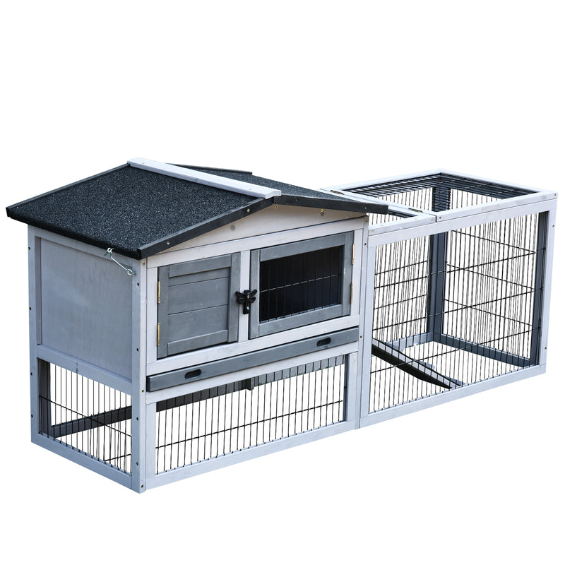 Small Animal Two-Level Fir Wood Hutch w/ Ramp Burnt Grey