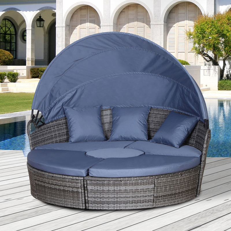 6-Seater Rattan Sofa Bed Garden Furniture Cushioned Wicker Round Sofa Bed with Coffee Table Patio Conversation Furniture Set - Grey