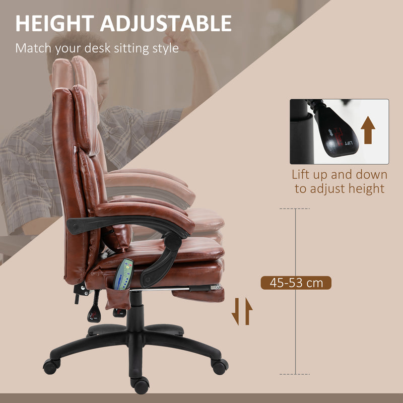 High Back Office Chair, Gaming Recliner Chair with Footrest, 7 Massage Points, Adjustable Height, Reclining Back, PU Leather, Brown