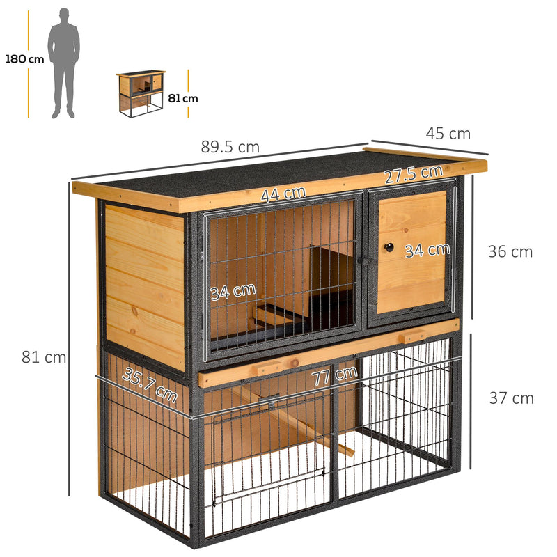 Wood-metal Rabbit Hutch Elevated Pet House Bunny Cage with Slide-Out Tray Asphalt Openable Roof Lockable Door Outdoor