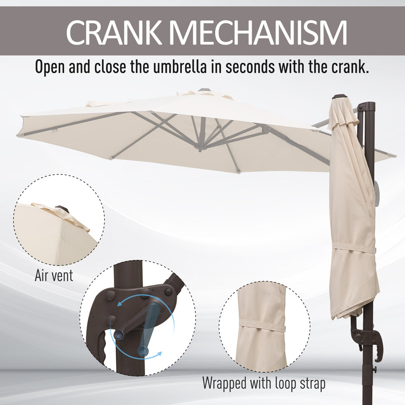 3M Banana Parasol Hanging Cantilever Umbrella W/ Cross Base Hand Crank Aluminium Frame 360°Rotation Hand Crank-Beige