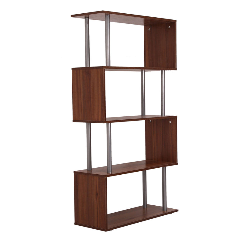 4-Tires Wooden Bookcase S Shape Storage Bookshelf Display for Living Room, Bedroom, Office with Steel Frame, Walnut