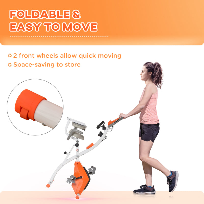 2-in-1 Upright Exercise Bike Stationary Foldable Magnetic Recumbent Cycling with Arm Resistance Bands Orange