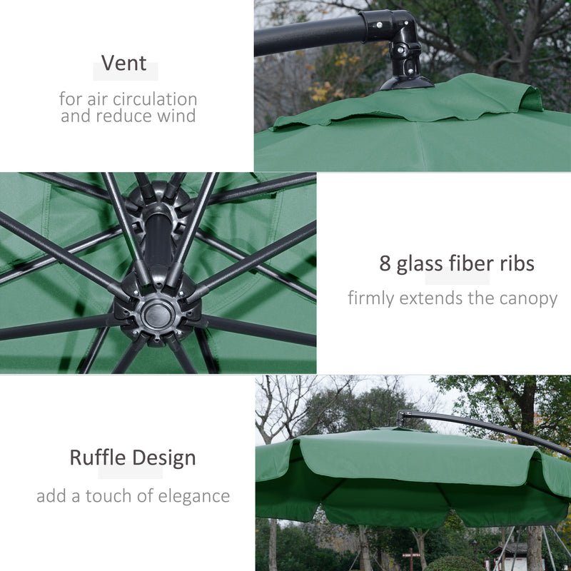 2.7m Garden Parasol Cantilever Umbrella with Crank Handle and Cross Base for Outdoor, Hanging Sun Shade, Green