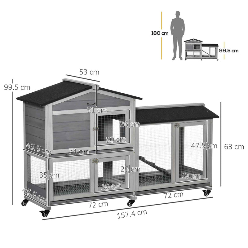 Two-Tier Rabbit Hutch and Run Wooden Mobile Guinea Pig Hutch Bunny Cage w/ Wheels, Run, Slide-Out Tray, Ramp 157.4 x 53 x 99.5 cm