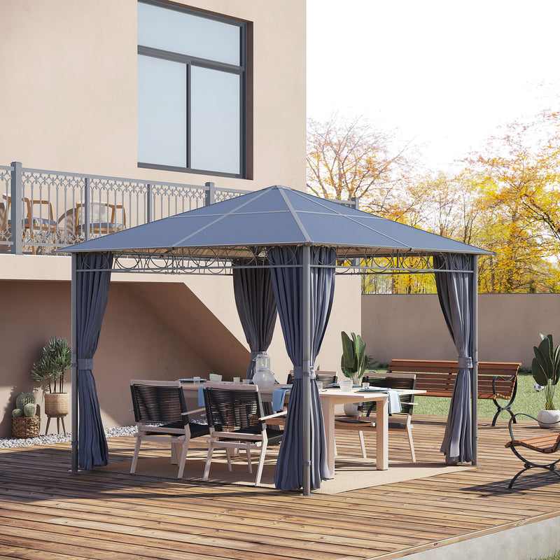 3 x 3(m) Hardtop Gazebo with UV Resistant Polycarbonate Roof, Steel & Aluminum Frame, Garden Pavilion with Curtains, Grey