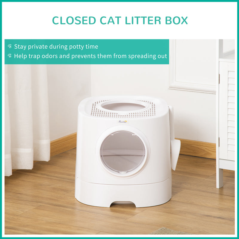 Cat Litter Box Portable Pet Toilet Fully Enclosed Kitten Pan w/ Scoop, White