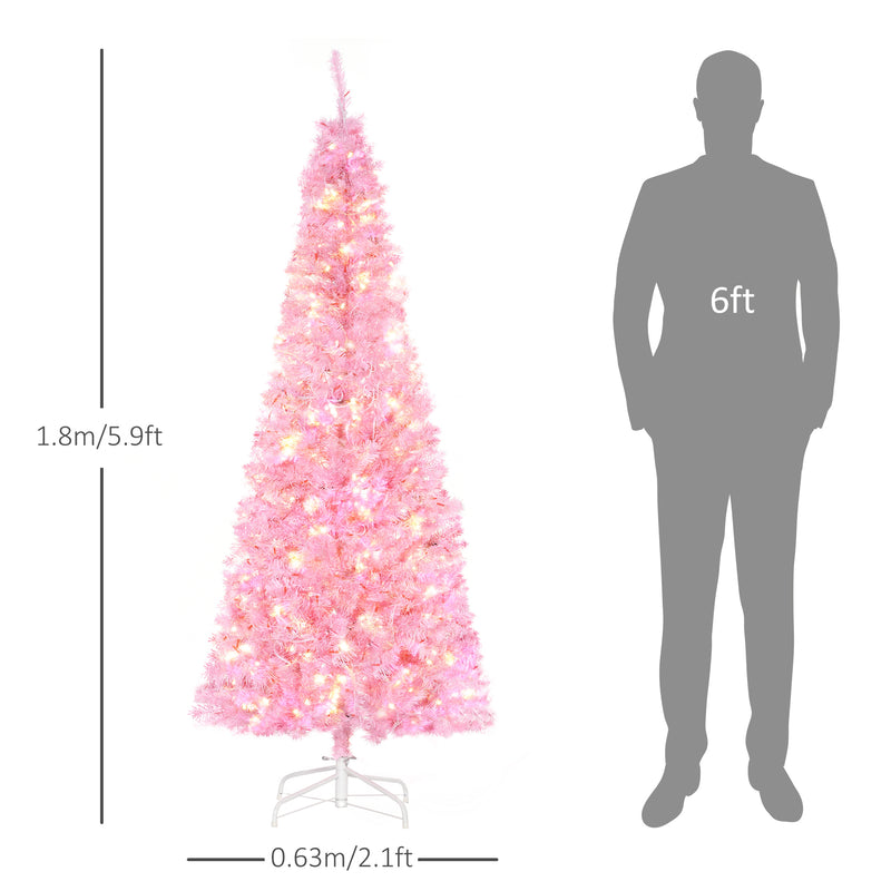 6' Tall Prelit Pencil Slim Artificial Christmas Tree with Realistic Branches, 300 Warm White LED Lights and 618 Tips, Xmas Decoration, Pink
