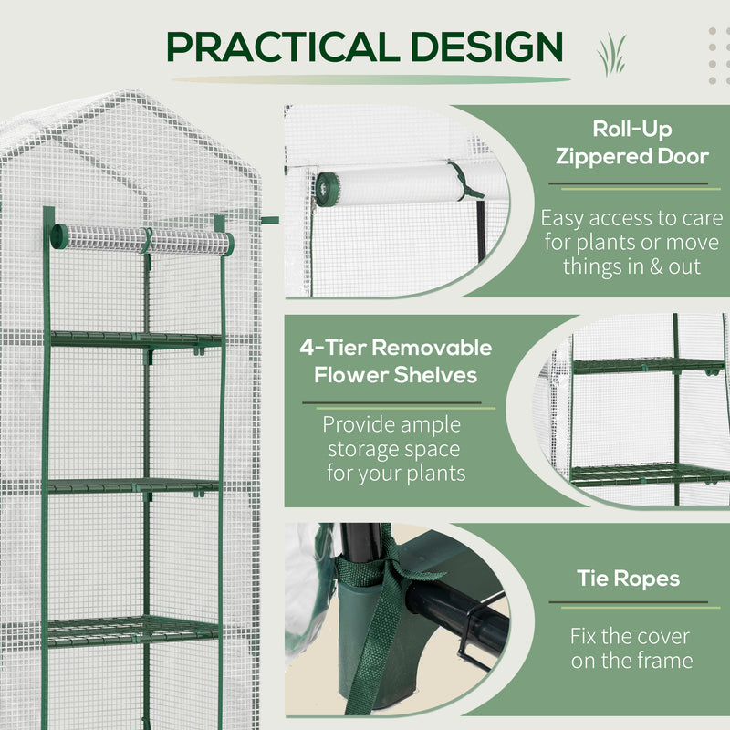 4 Tier Mini Greenhouse, Portable Green House with Steel Frame, PE Cover, Roll-up Door, 70 x 50 x 160 cm, White