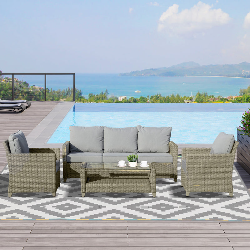 5-Seater Patio Wicker Sofa Set, Outdoor PE Rattan Sectional Conversation Aluminium Frame Furniture Set w/ Padded Cushion, 2-Tier Table Brown