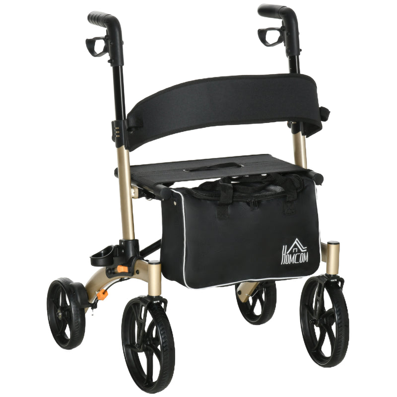 Folding Rollator with Cane Holder, Adjustable Handle Height and Aluminum Frame, 4 Wheeled Mobility Walker with Seat and Bag, Gold