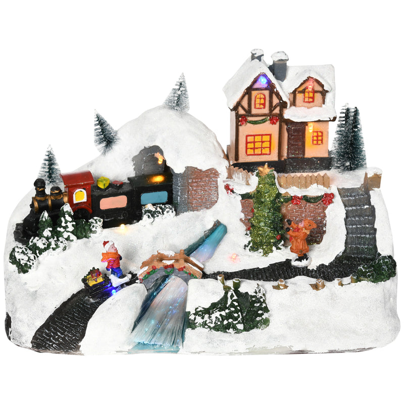 Animated Christmas Village Scene, Battery-Operated Musical Holiday Decoration with LED Light, Fibre Optic River, Moving Train for Tabletop