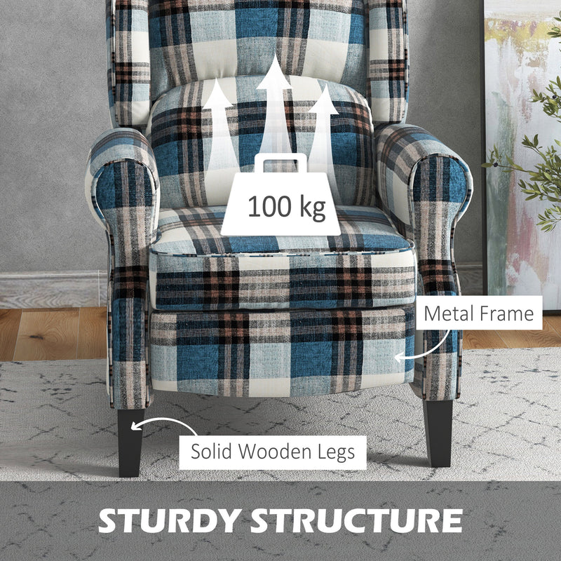 Wingback Reclining Chair Push Back Recliner Armchair for Living Room Bedroom with Footrest Armrests Wood Legs Blue