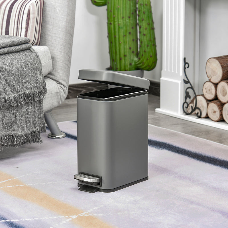 5L Rectangular Compact Bin, Steel Body, Removable Bucket, Quiet-Close Lid w/ Pedal Lid Rubbish Trash Can Garbage Tidy Clean, Grey