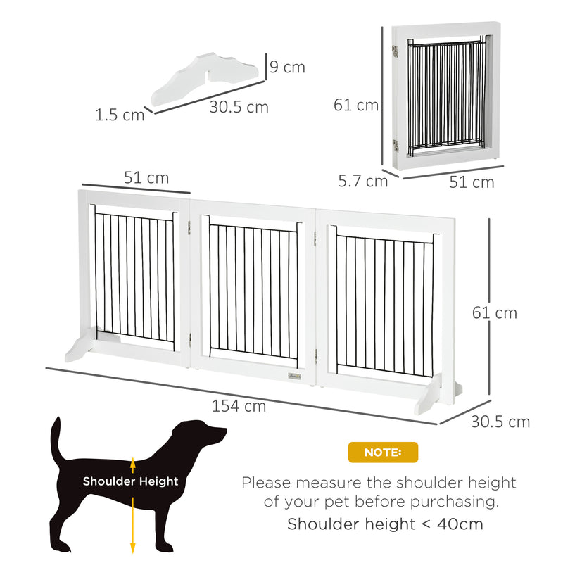 Dog Gate, Freestanding Pet Gate, Wooden Puppy Fence Foldable Design with 61 cm Height 3 Panels, 2 Support Feet, for House Doorway Stairs White