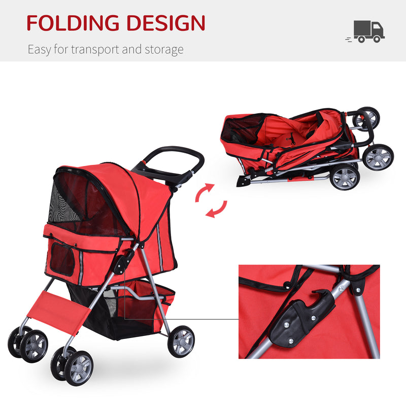 Pet Stroller Dog Pram Foldable Dog Pushchair Cat Travel Carriage w/ Wheels, Zipper Entry, for Small Pets, Red