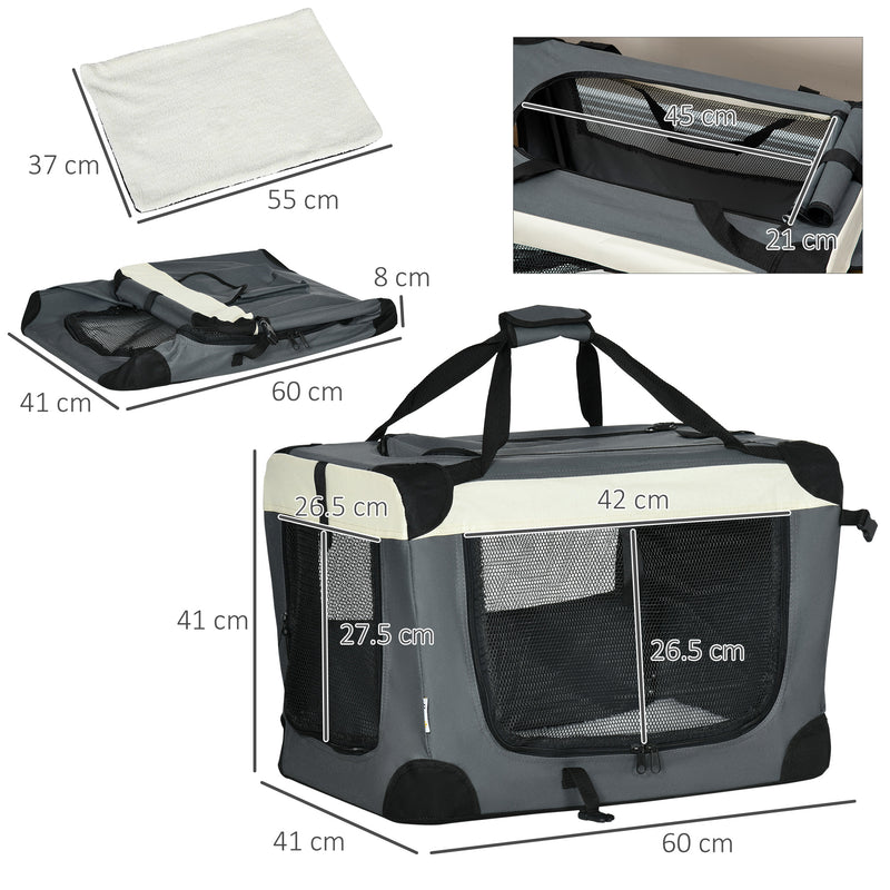 60cm Foldable Pet Carrier, with Cushion, for Miniature Dogs and Cats - Grey
