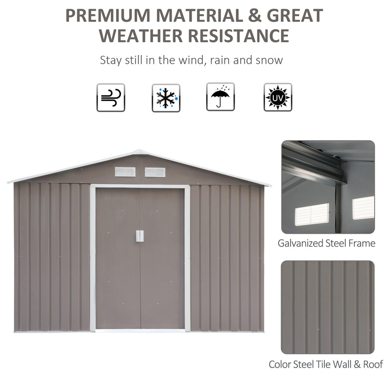 9 x 6 ft Metal Garden Storage Shed Sloped Roof Tool House with Foundation Ventilation & Double Door, Grey