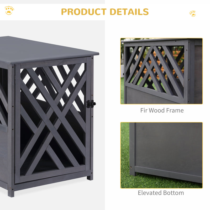 Furniture Style Wooden Dog Crate Kennel Top End Table Decorative Dog Cage Lattice Night Stand with Lockable Door, 60 x 91 x 74 cm, Grey
