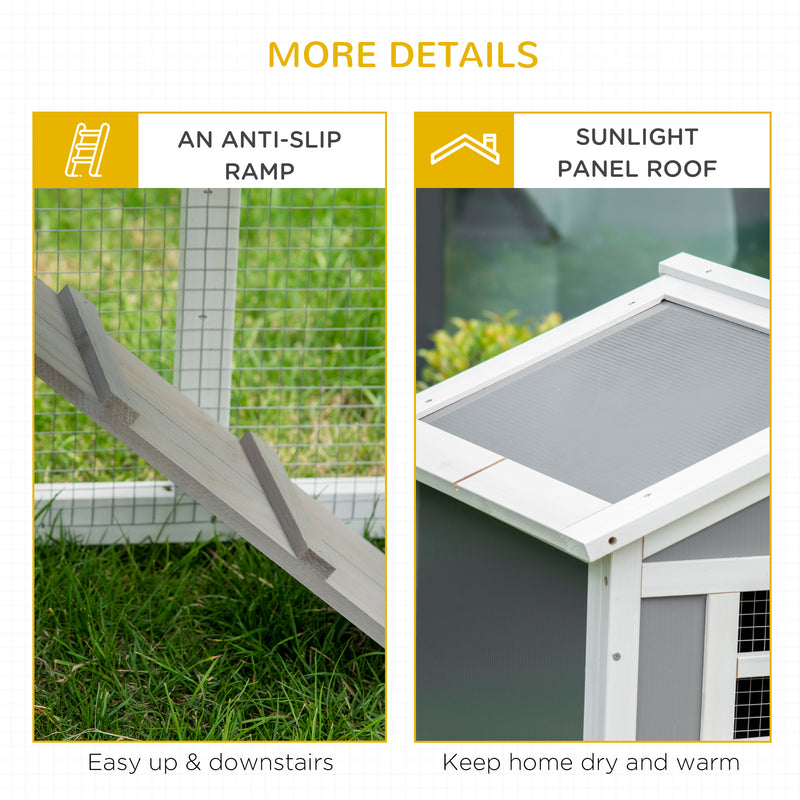 Wooden Rabbit Hutch, 2 Tier Guinea Pig Cage, Bunny Run, Small Animal House for Indoor Outdoor with Sunlight Panel Roof Slide-out Tray, Grey