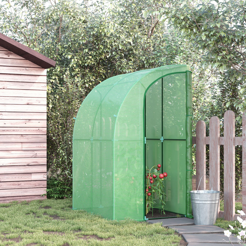 Walk-In Greenhouse Lean to Wall Tunnel Greenhouse with Zippered Roll Up Door PE Cover and Steel Frame for Garden, 143 x 118 x 212 cm