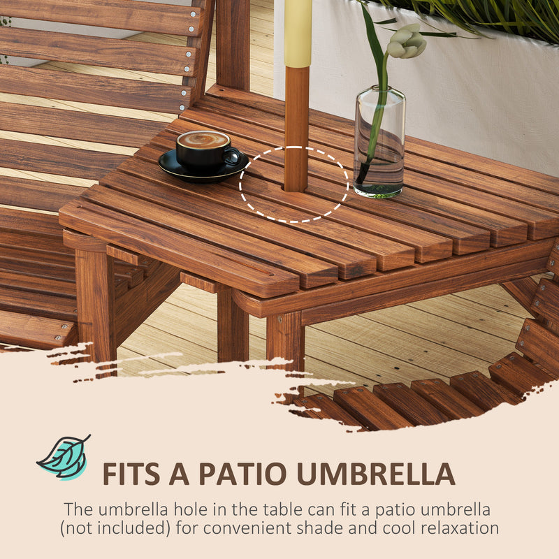 Wooden Garden Love Seat w/ Coffee Table Umbrella Hole, Tan Brown