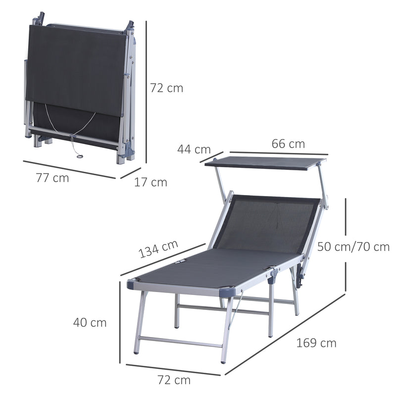 Garden Sun Lounger Texteline Chaise Lounge Reclining Chair with Canopy Adjustable Backrest Bed Aluminium Frame - Grey