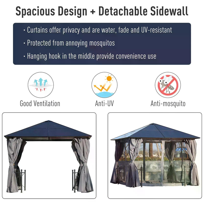 3 x 3(m) Hardtop Gazebo Canopy with Polycarbonate Roof, Steel & Aluminium Frame, Garden Pavilion with Mosquito Netting and Curtains, Black