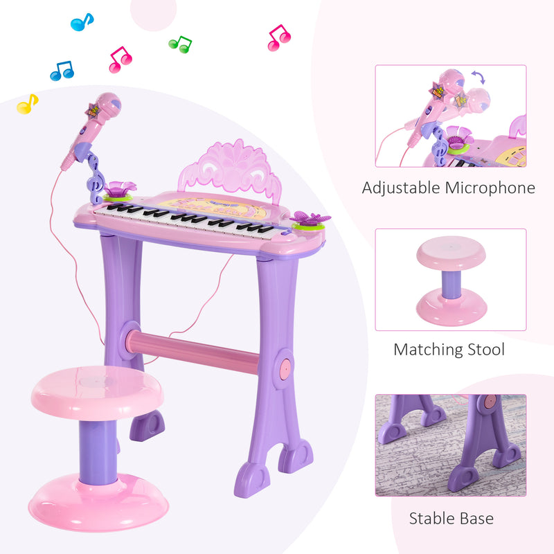 Mini Electronic Organ Piano W/Microphone and Stool-Purple/Pink