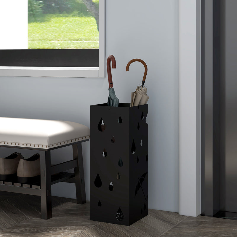 Freestanding Umbrella Stand for Hallway, Square Umbrella Basket with 4 Hooks and Drip Tray for Entryway, Dark Grey