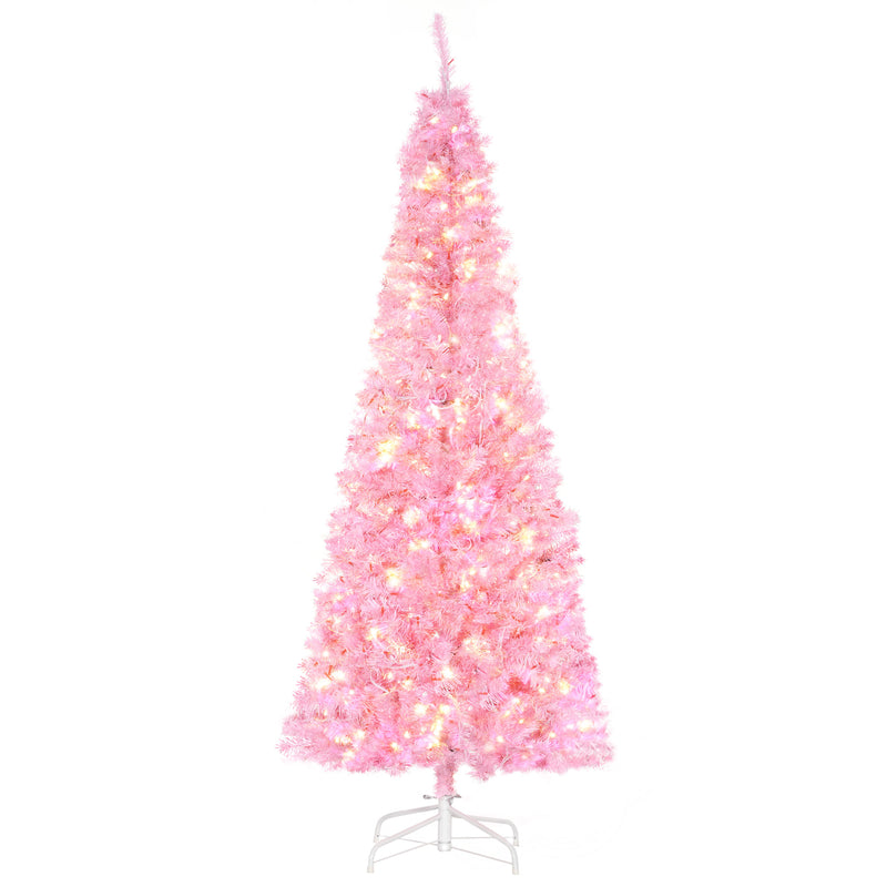 6' Tall Prelit Pencil Slim Artificial Christmas Tree with Realistic Branches, 300 Warm White LED Lights and 618 Tips, Xmas Decoration, Pink