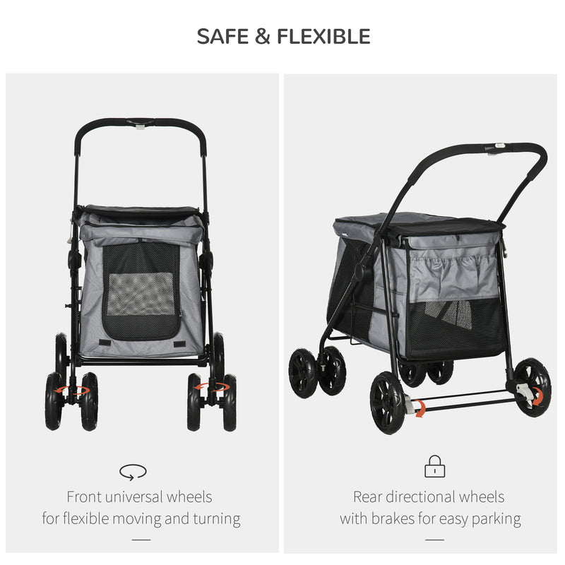 Foldable Pet Stroller One Click Dog Pushchair Cat Travel Carriage w/ EVA Wheels, Mesh Windows for Small Pets, Grey