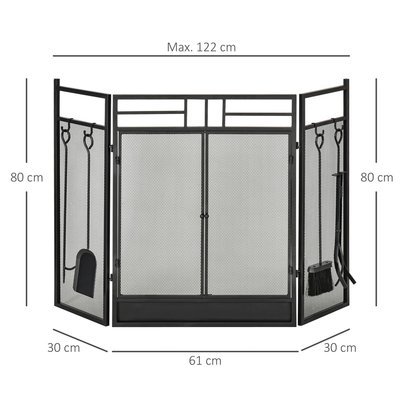 3 Panel Folding Fire Guard, Steel Fireplace Screen with Double Door and Mesh Design for Open Fire, 122W x 80H cm, Black