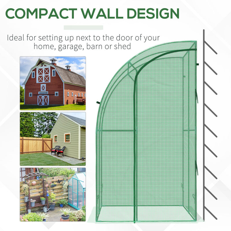 Walk-In Greenhouse Lean to Wall Tunnel Greenhouse with Zippered Roll Up Door PE Cover and Steel Frame for Garden, 143 x 118 x 212 cm