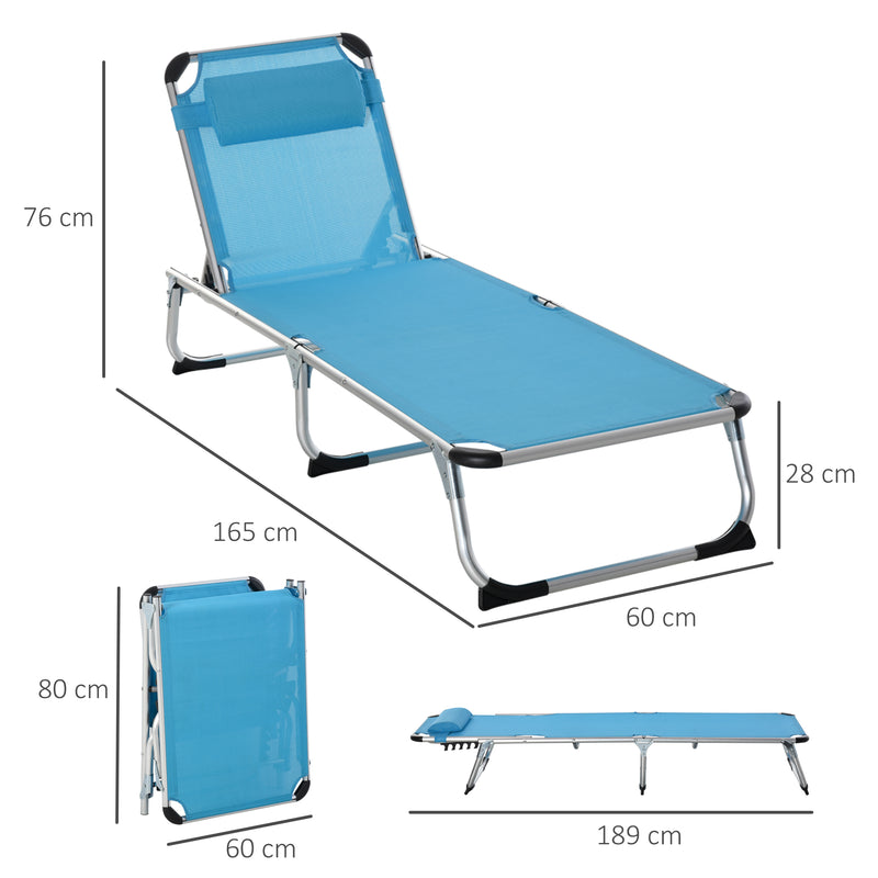 Foldable Reclining Sun Lounger Lounge Chair Camping Bed Cot with Pillow 5-Level Adjustable Back Aluminium Frame Blue