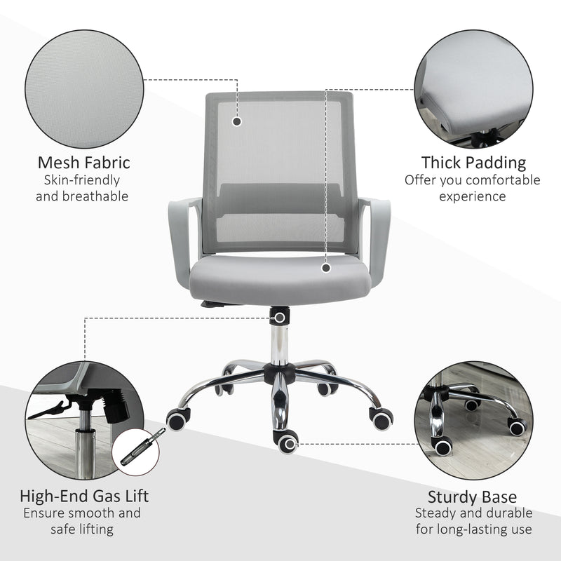 Ergonomic Office Chair Adjustable Height Breathable Mesh Desk Chair w/Armrest and 360° Swivel Castor Wheels Grey