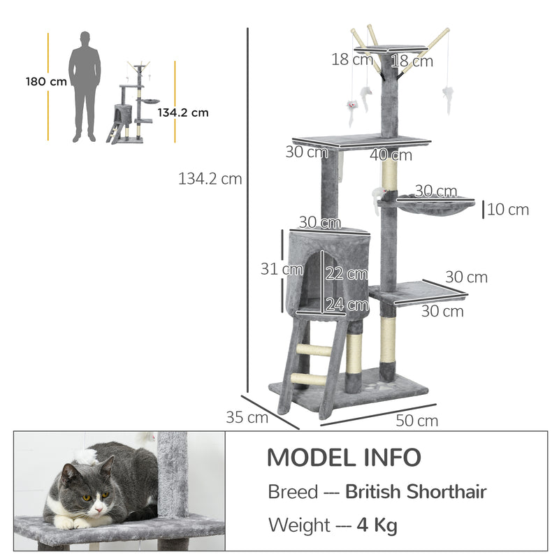 Cat Scratching Post Cat Tree for Indoor Cats Climbing Tower Scratcher w/ Ladder Kitty Activity Centre 135cm Grey